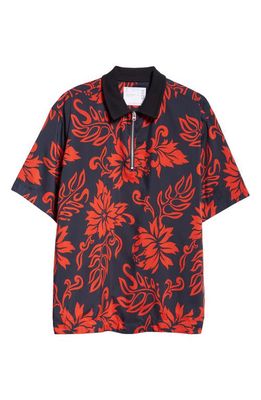 Sacai Floral Print Quarter Zip Pullover in Red