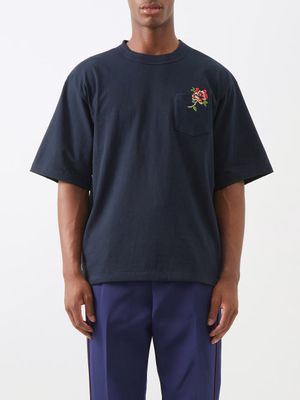 Sacai - Flower-embroidered Cotton-jersey T-shirt - Mens - Navy