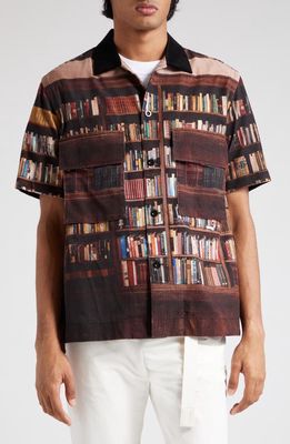 Sacai Interstellar Photo Print Short Sleeve Cotton Button-Up Shirt in Brown Multi