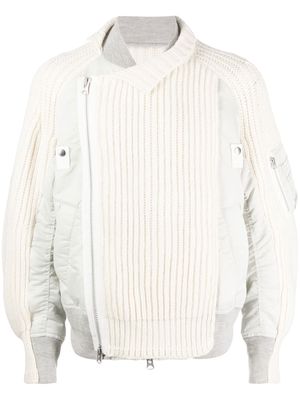 sacai knit-panel layered bomber jacket - White