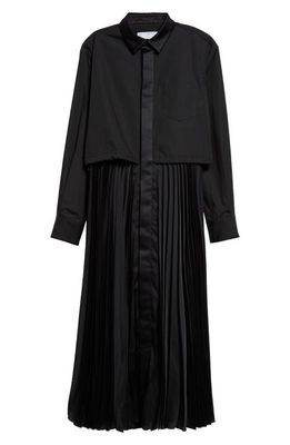 Sacai Long Sleeve Poplin & Satin Midi Dress in Black