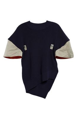 Sacai Mixed Media Asymmetric Cotton Blend Sweater in Navy