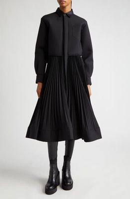 Sacai Mixed Media Pleated Midi Shirtdress in Black