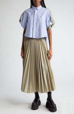 Sacai Mixed Media Stripe Puff Sleeve Cotton Poplin & Nylon Shirt in Blue Stripe