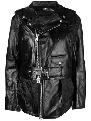 sacai panelled belted leather jacket - Black