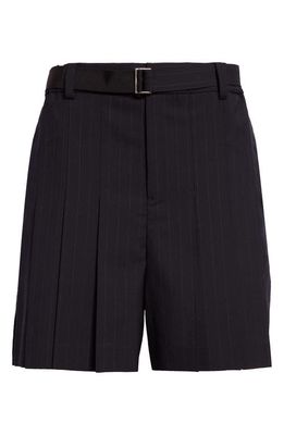 Sacai Pinstripe Belted Pleated Shorts in Navy