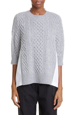 Sacai Pleated Back Cable Knit Wool Sweater in Light Grey