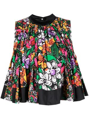 sacai pleated floral-print blouse - Black