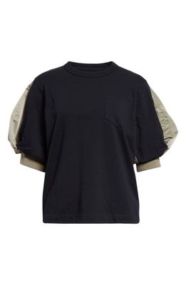 Sacai Puff Sleeve Cotton Jersey & Nylon Twill Hybrid Top in Navy X L/Khaki