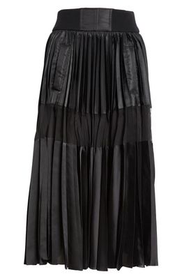 Sacai Sheer Inset Pleated Satin Midi Skirt in Black