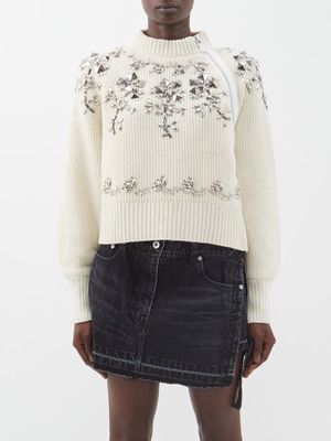 Sacai - Studded Zipped Ribbed-knit Wool Sweater - Womens - Off White
