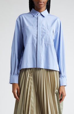 Sacai Thomas Mason Stripe Pleated Cotton Poplin Button-Up Shirt in L/Blue Stripe
