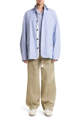 Sacai Thomas Mason Stripe Pleated Short Sleeve Cotton Poplin Button-Up Camp Shirt in Blue Stripe