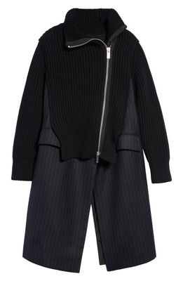 Sacai Women's Pinstripe & Rib Cardigan Coat in Black/Navy