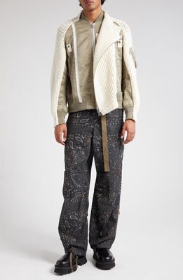 Sacai Wool Knit & Nylon Twill Bomber Jacket in L/Khaki/Off White