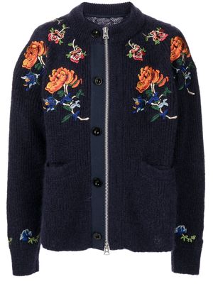 sacai zip-front floral-embroidered cardigan - Blue