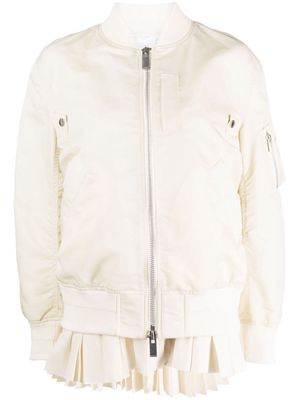 sacai zip-up pleated bomber jacket - White