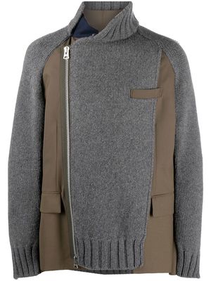 sacai zipped ribbed-knit panel cardigan - Grey