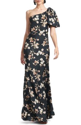 Sachin & Babi Aubrey One-Shoulder Floral Satin Charmeuse Body-Con Gown in Black Venetia Petal