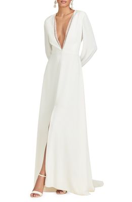 Sachin & Babi Brit Crystal Plunge Neck Long Sleeve Gown in Off White