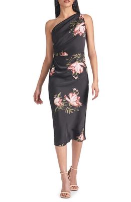 Sachin & Babi Carmen Floral One-Shoulder Midi Cocktail Dress in Noir Blossom