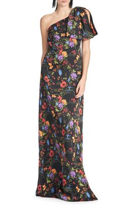 Sachin & Babi Chelsea Floral One-Shoulder Crinkle Georgette Gown in Noir Wildflower