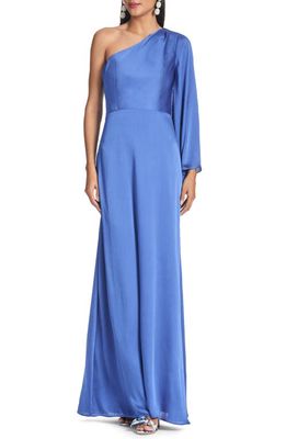 Sachin & Babi Keely One-Shoulder Single Long Sleeve Crinkle Georgette Gown in French Blue