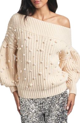 Sachin & Babi Kit Beaded Shaker Stitch One-Shoulder Sweater in Ivory