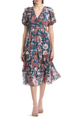 Sachin & Babi Veronica Floral Tiered Dress in Teal And Guava Lily