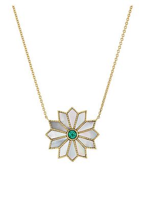 Sacred 18K Yellow Gold, Mother-Of-Pearl & Emerald Flower Necklace