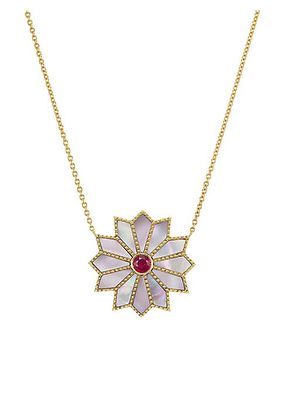 Sacred Flower 18K Yellow Gold, Mother-Of-Pearl & Ruby Pendant Necklace