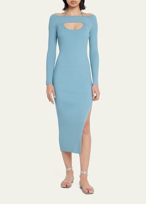 Sage Off-Shoulder Cutout Halter Midi Dress