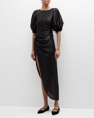 Sahar Sequin Puff-Sleeve Asymmetric Midi Dress