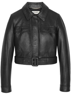 Saint Laurent belted leather flight jacket - Black