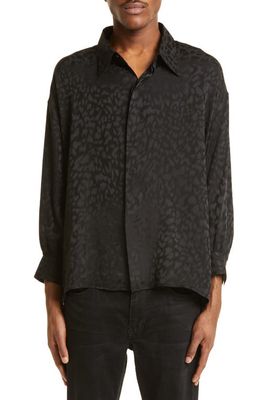 Saint Laurent Boxy Leopard Pattern Silk Button-Up Shirt in Noir