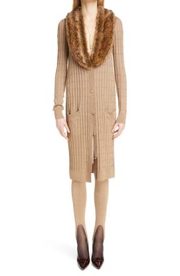 Saint Laurent Cable Knit Cardigan Long Sleeve Sweater Dress with Faux Fur Trim in Dore/Fauve