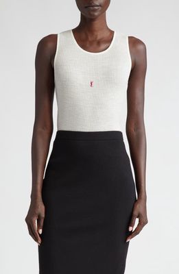 Saint Laurent Cassandre Embroidered Logo Wool Rib Muscle Tank in Beige/Rouge