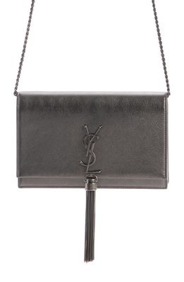Saint Laurent Cassandre Kate Tassel Metallic Leather Wallet on a Chain in Silver Coal/Nero