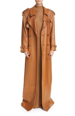 Saint Laurent Classic Plunge Long Leather Trench Coat in Marron Glace