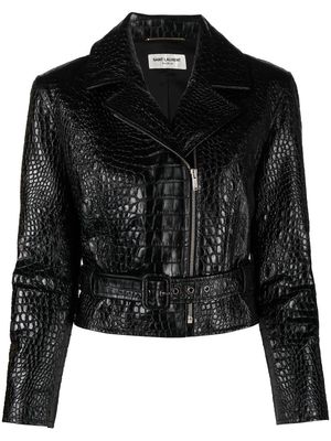 Saint Laurent crocodile-embossed cropped leather jacket - Black