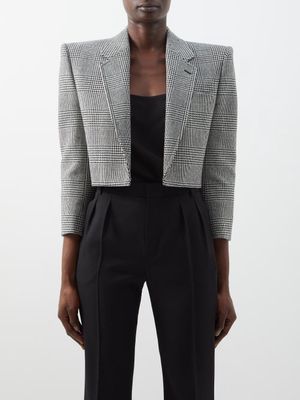 Saint Laurent - Cropped Check Wool-blend Blazer - Womens - Black White