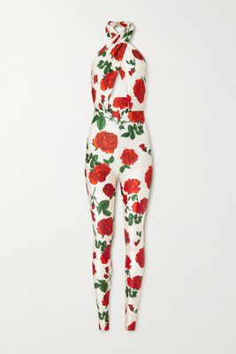 SAINT LAURENT - Cutout Floral-print Stretch-jersey Halterneck Jumpsuit - Red