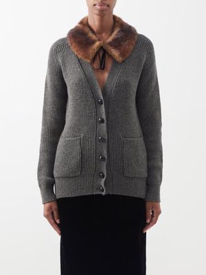 Saint Laurent - Detachable Faux Fur-collared Wool Cardigan - Womens - Grey Multi