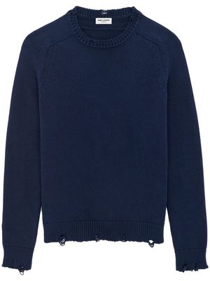 Saint Laurent distressed-effect knit cotton jumper - Blue