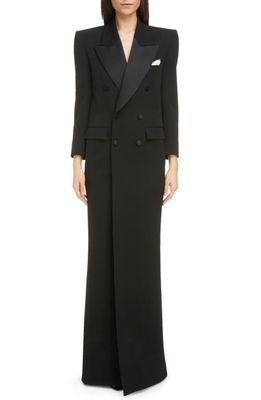 Saint Laurent Double Breasted Longline Wool Tuxedo Coat in Black