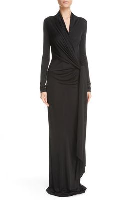 Saint Laurent Draped Long Sleeve Shiny Jersey Dress in Noir