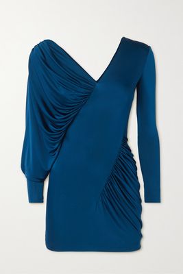 SAINT LAURENT - Draped Ruched Jersey Mini Dress - Blue