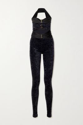 SAINT LAURENT - Embellished Cutout Satin And Velvet Jumpsuit - Black