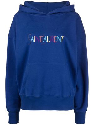 Saint Laurent embroidered-logo long-sleeve hoodie - Blue