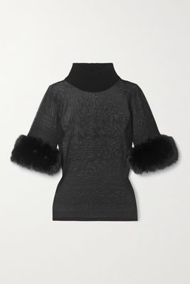 SAINT LAURENT - Faux Fur And Ribbed Cashmere-trimmed Silk Turtleneck Top - Black